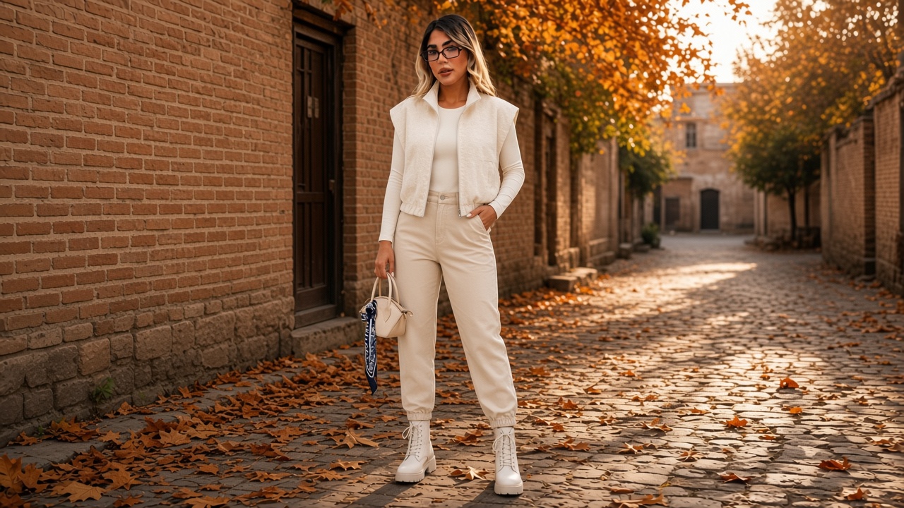 شلوار کتان کرم پاییزه در کوچه آفتابی